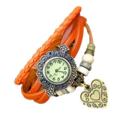 Het Retro leather bracelet watch wound double heart pendant - Orange