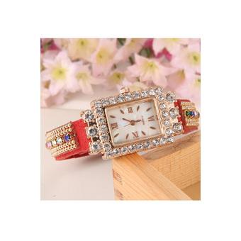 Hot Fashion Women Retro Chains Synthetic Leather Strap Watch Bracelet Wristwatch (Red)  