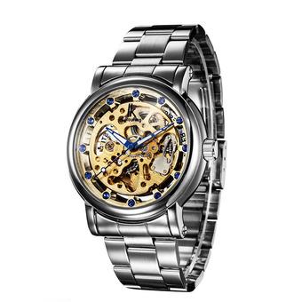 IK Hollow Automatic Mechanical Watches Diamond Inlaid Blue Scale Upscale Casual Mechanical Watches Silver with Gold Machine (Intl)  