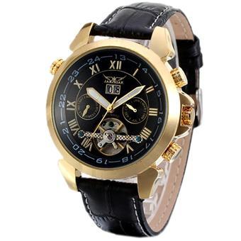 JARAGAR Luxury Gold Case Calendar Tourbillon Automatic Self-Wind Mens Black Leather Strap Watch (Intl)  