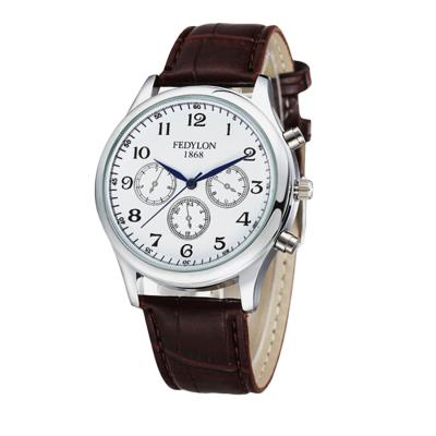 KamVio FEDYLON Men's Arabic Numbers Design 3ATM PU Leather Band Wrist Watch - White + Brown