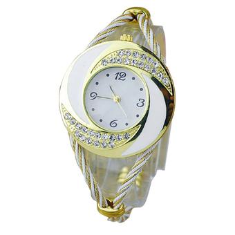Ladies Women Quartz Wrist Watch with Round Dial and Rhinestone Decoration Weaved Band Bracelet Bangle Watch White  