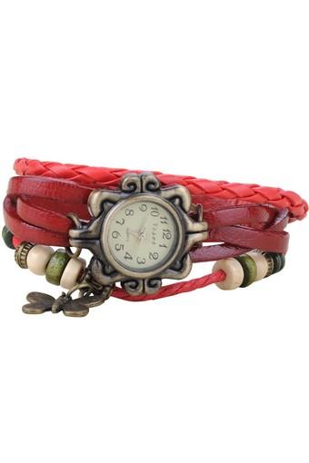 Lady Retro Weave Leather Bracelet Quartz Watch Red  