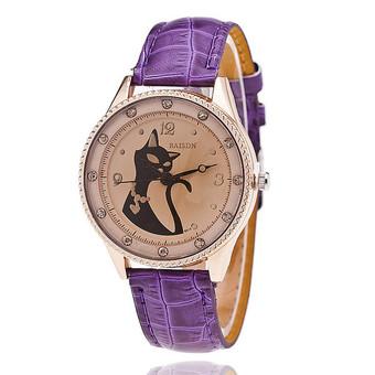 Leather Strap Fox Double Rhinestone Quartz Lady's Wrist Watch LC476 Purple  