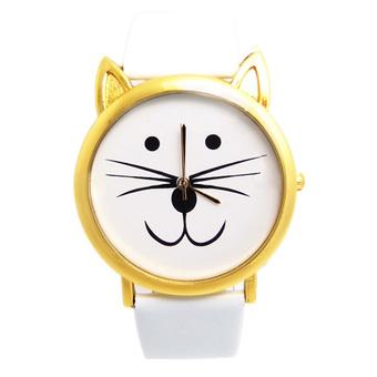Leisure +Water-proof Women's Watch With Leather Strap And Cat Face Picture (White)  