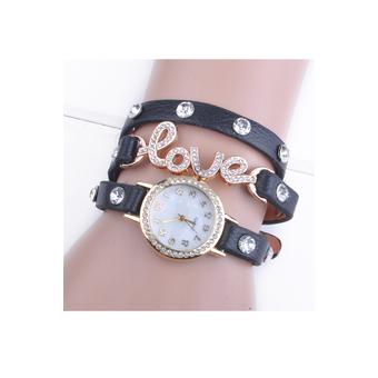 Love Cz Dial Wrap Around Synthetic Leather Bracelet Wrist Watch (Black)  