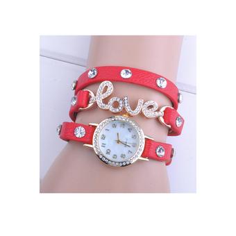 Love Cz Dial Wrap Around Synthetic Leather Bracelet Wrist Watch (Red)  