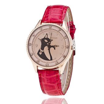 Luxury Cartoon Fox Rhinestone Dial Leather Strap Lady's Quartz Watch LC483 Red  