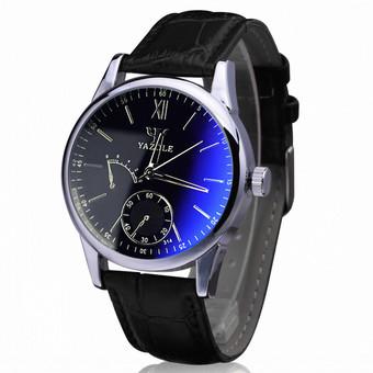 Luxury Faux Leather Mens Blue Ray Glass Quartz Analog Watches Black (Intl)  