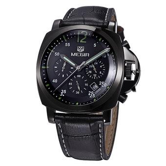 MEGIR Men LED Noctilucent Leather Watch Arabic Numerals Black Dial Calendar Business Wristwatch (Black) (Intl)  