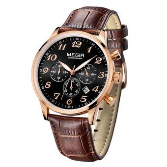 MEGIR brand is really three dribbling calendar watch men's business casual table belt table quartz watch-Coffee Black (Intl)  
