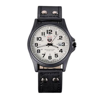 Men Date Leather Strap Quartz Watch Black (Intl)  