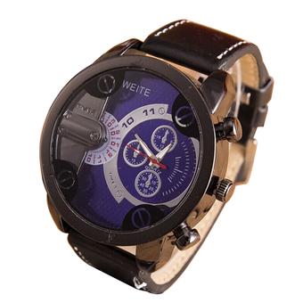 Men Fashion Watches Stainless Steel Leather Band Quartz Analog Sport Wrist Watch Blue Disk (Intl)  