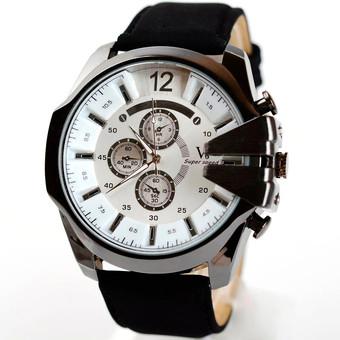 Men Watch Analog Sport Steel Case Quartz Dial Leather Wrist Watch Black+White (Intl)  