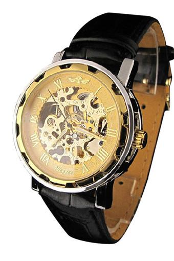 Men's Black Leather Gold Dial Skeleton Mechanical Sport Wrist Watch Jam Tangan  