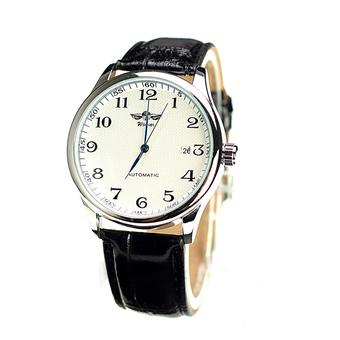 Men's Classic Automatic Mechanical Calendar Faux Leather Band Men Wrist Watch W005 Black (Intl)  
