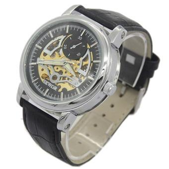 Mens Automatic Mechanical Black Dial Skeleton Leather Wrist Watch (Intl)  