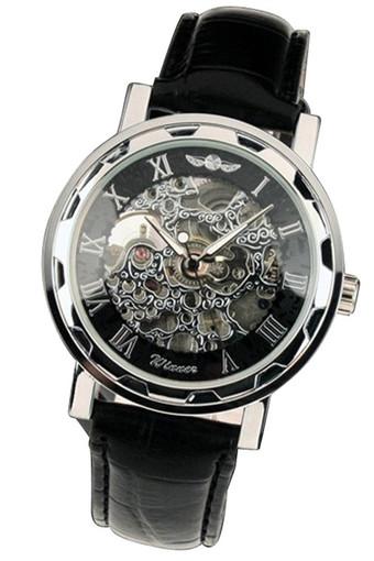 Mens Black Leather Black Dial Skeleton Mechanical Sport Wrist Watch Jam Tangan  