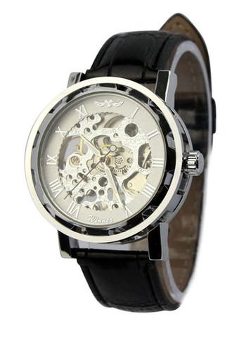 Mens Black Leather White Dial Skeleton Mechanical Sport Wrist Watch Jam Tangan  