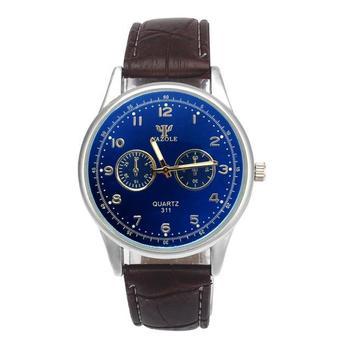Mens Waterproof Noctilucent Leather Blue Ray Glass Quartz Analog Watches Brown- Intl  