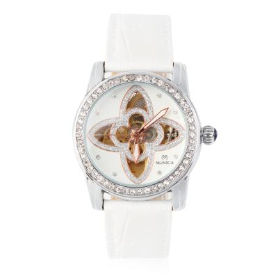 Monica Fashion Round Watch Round Mechanical Watch Leather Watchband for Monica - White