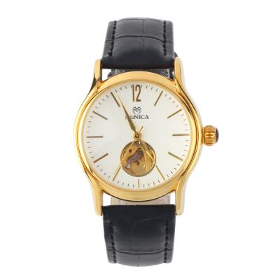 Monica Round Classic Mechanical Analog Watch Round Groove Hollow Design PU Band - Gold