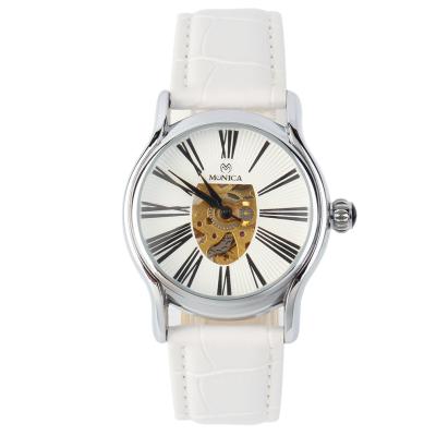 Monica Unisex Round Case Classic Mechanical Analog Watch PU Band Hollow Dial - White