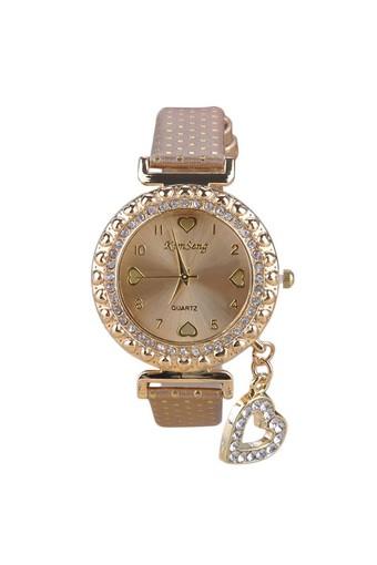 Moonar Fashion Women PU Leather Rhinestones Quartz Wrist Watch Gold  
