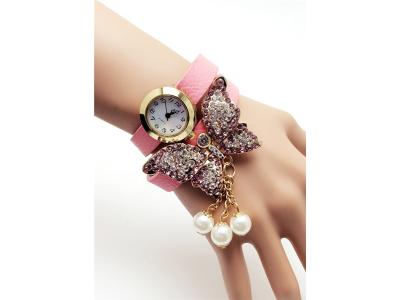 Moonmini Jam Tangan Wanita Rhinestone Butterfly Pearl Pendant Bracelet 2.5cm - Pink