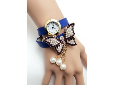 Moonmini Jam Tangan Wanita Rhinestone Butterfly Pearl Pendant Bracelet 2.5cm - Blue