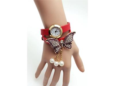 Moonmini Jam Tangan Wanita Rhinestone Butterfly Pearl Pendant Bracelet 2.5cm - Red