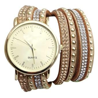 New Women Crystal Rivet Bracelet Quartz Braided Winding Wrap Wrist Watch Coffee  