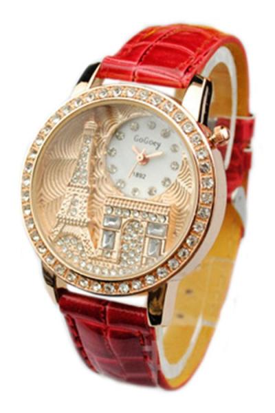 Norate Crystal Faux Leather Wrist Watch Red
