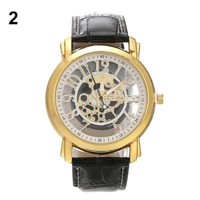 Norate Jam Tangan Pria - Hollow Carved Dial Leather Black Strap & Gold Case & White Dial