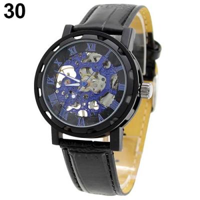 Norate Jam Tangan Pria - Leather Skeleton Mechanical Wrist Watch Black-Blue