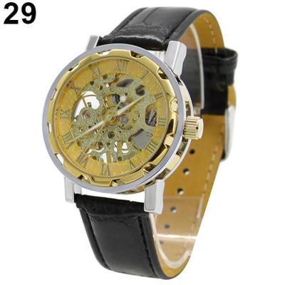 Norate Jam Tangan Pria - Leather Skeleton Mechanical Wrist Watch Golden