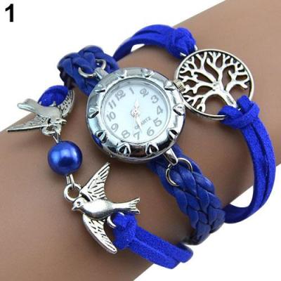 Norate Jam Tangan Wanita - Life Tree Birds Charm Leather Wrist Watch Sapphire Blue