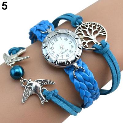 Norate Jam Tangan Wanita - Life Tree Birds Charm Leather Wrist Watch Blue