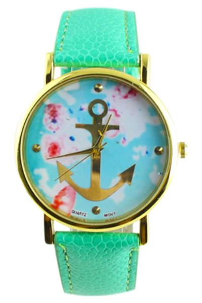 Norate Mint Green Faux Leather Floral Anchor Quartz Wrist Watch