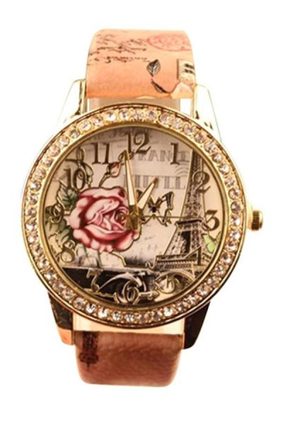 Norate Peach Faux Leather Band Eiffel Tower Rose Printed Rhinestone Wrist Watch