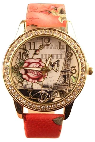 Norate Red Faux Leather Band Eiffel Tower Rose Printed Rhinestone Wrist Watch