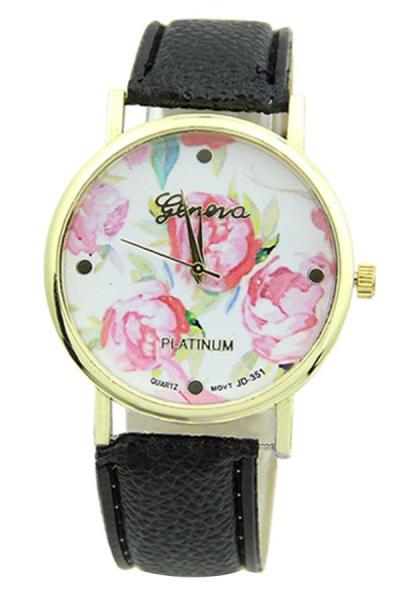 Norate Rose Flower Faux Leather Watch Black