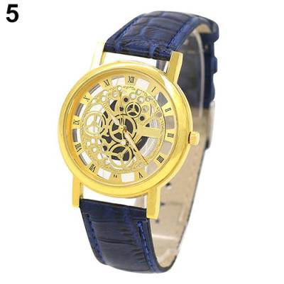 Norate Unisex Roman Numerals Skeleton Analog Wrist Watch Blue Strap & Golden Dial