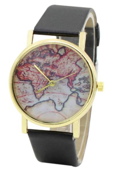 Norate Unisex World Map Faux Leather Quartz Analog Wrist Watch Black