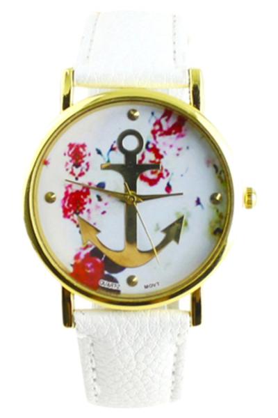 Norate White Faux Leather Floral Anchor Quartz Wrist Watch