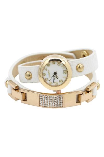 Norate White Square Rhinestone Faux Leather Bracelet Watch