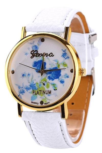 Norate Women Faux Leather Blue Rose Flower Analog Quartz Watch White