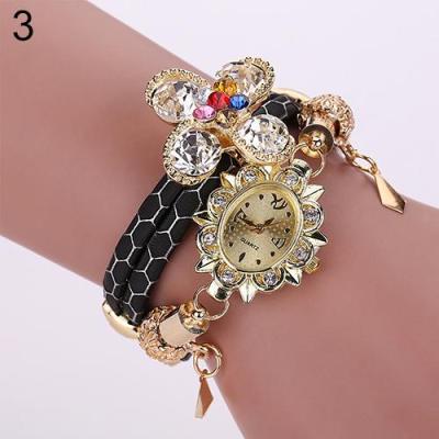 Norate Women Flower Rhinestone Pendant Bracelet Wrist Watch Black