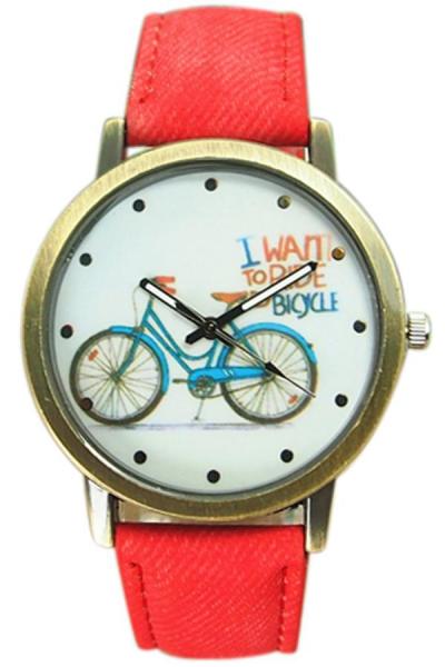 Norate Women's Bike Bronze Jean Fabric Quartz Analog Wrist Watch Red
