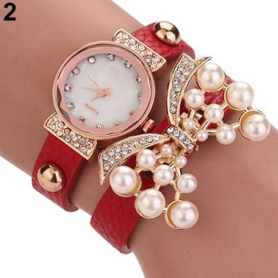 Norate Women's Butterfly Faux Pearls Faux Leather Rhinestone Wrist Watch Red
